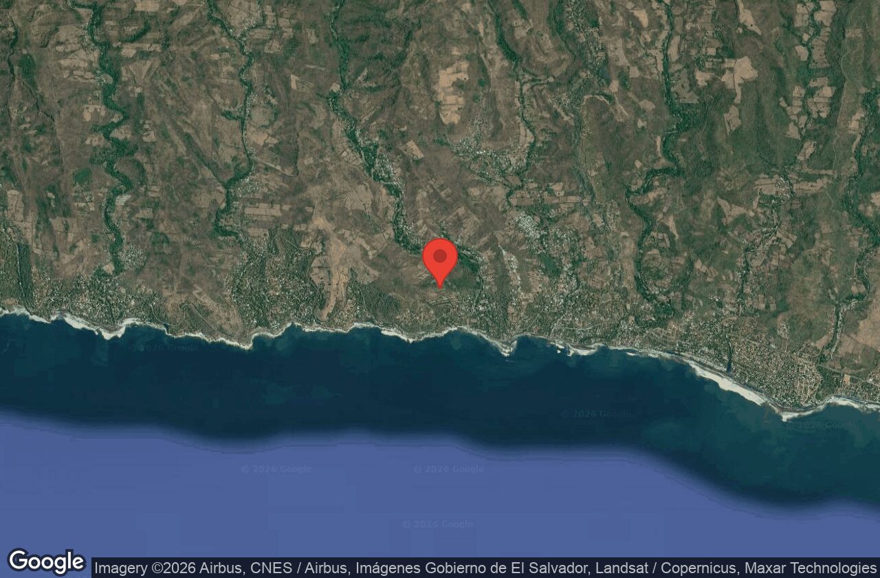 Satellite view: The whole bay — El Sunzal point marked