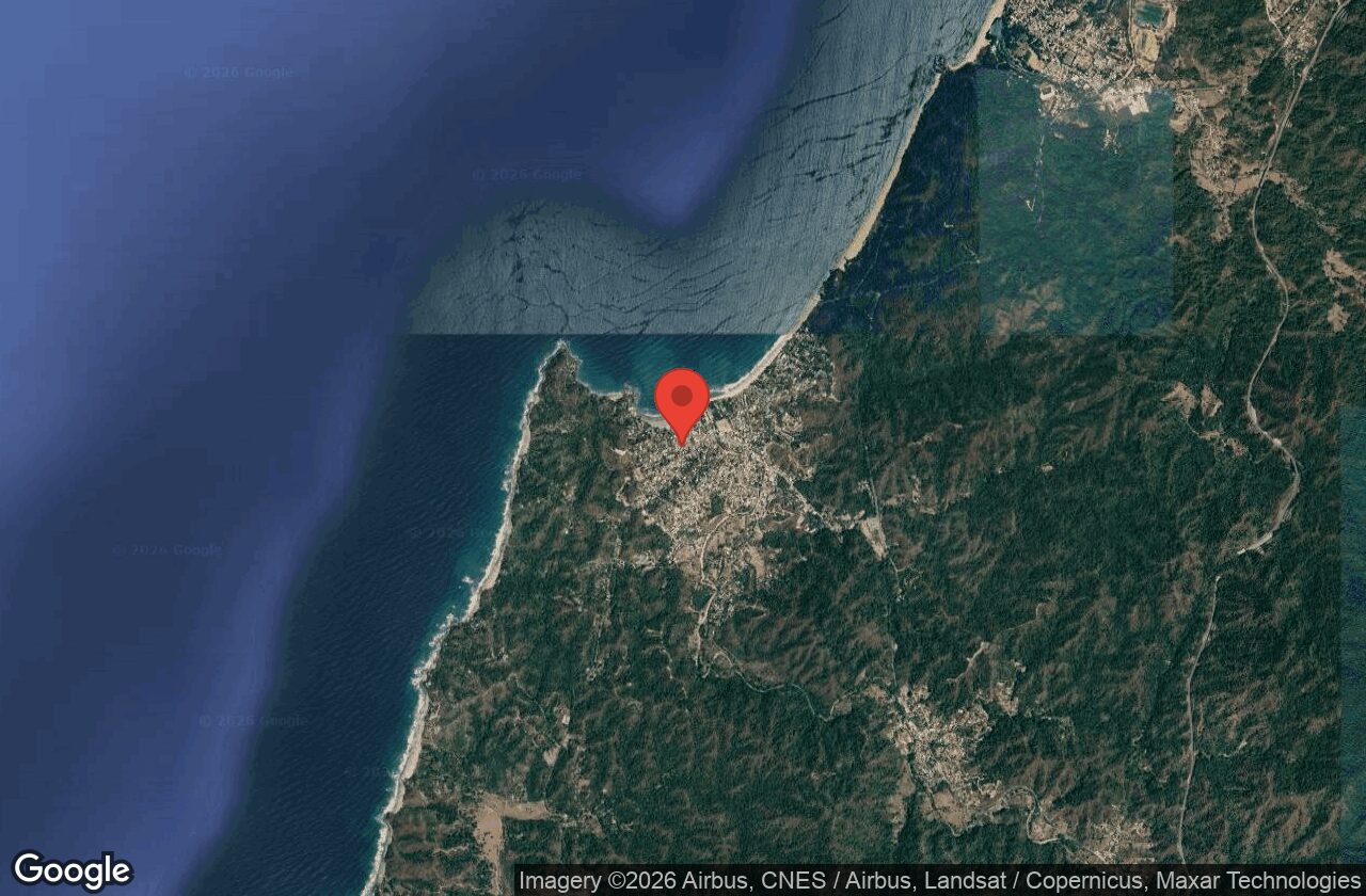 Satellite view: The whole bay — Sayulita main beach marked